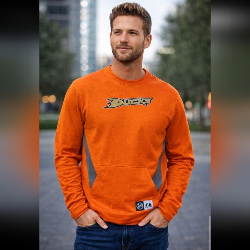 NHL Majestic Anaheim Ducks Mens Orange Long Sleeve Lightweight Sweater L